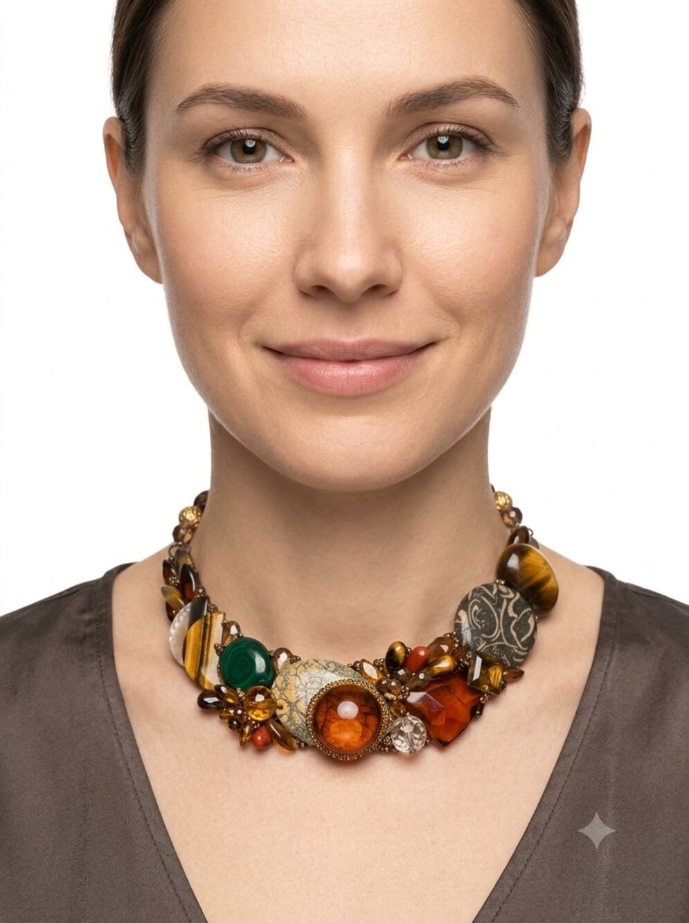 Vintage Wendy Gell Signed Gemstone Tigers Eye Amber Glass Bib Collar Necklace